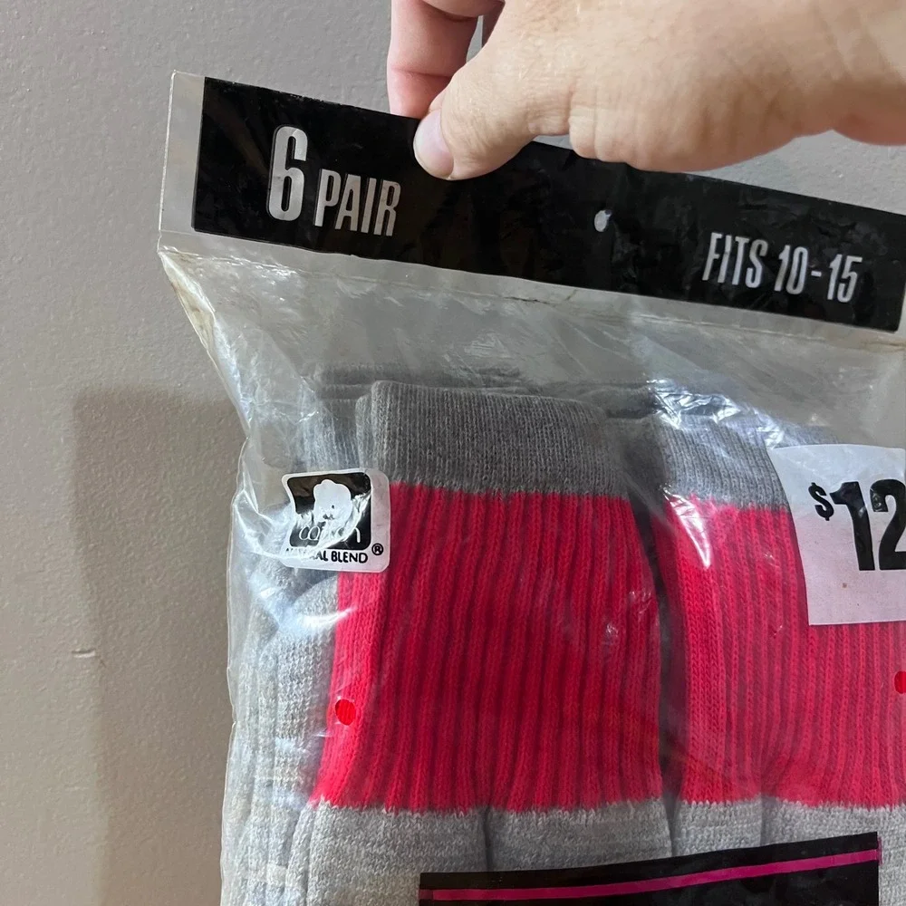 Vtg Thermal Boot Socks 6 Pair Pack Gray Pink Navy Fits 10-15 Heavyweight Cotton